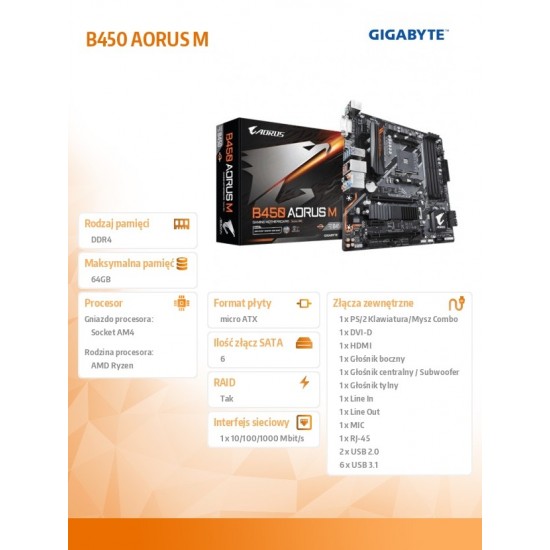 Płyta główna B450 AORUS M AM4 B450 4DDR4 DVI/HDMI M.2 uATX