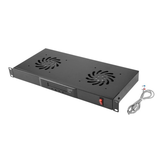 Panel wentylacyjny LCD poziomy 1U z termostatem do szaf, 19 cali, 2 wentylatory, 230V, czarny 