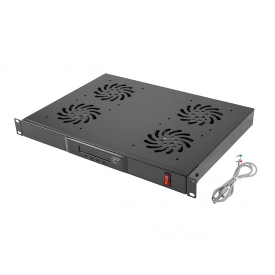Panel wentylacyjny LCD poziomy 1U z termostatem do szaf, 19 cali, 4 wentylatory, 230V, czarny 