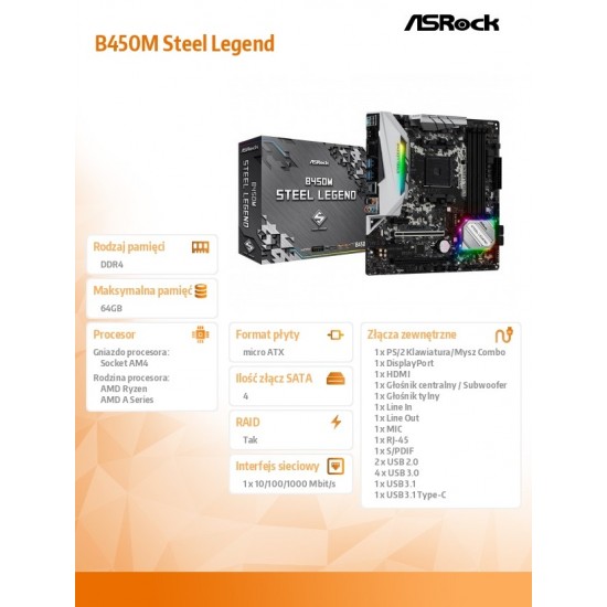 Płyta główna B450M Steel Legend AM4 4DDR4 HDMI/DP uATX