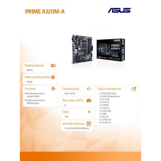 Płyta główna PRIME A320M-A AM4 4DDR4 USB3/HDMI/DVI/D-SUB mATX 