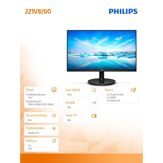 Monitor 221V8 21.5 cali VA HDMI 