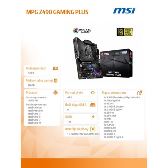 Płyta główna MPG Z490 GAMING PLUS s1200 4DDR4 M.2 ATX 