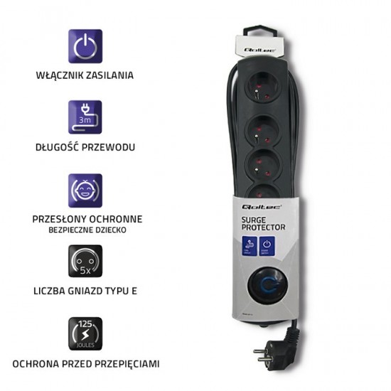Listwa antyprzepięciowa 5 gniazd | 3m | Czarna 