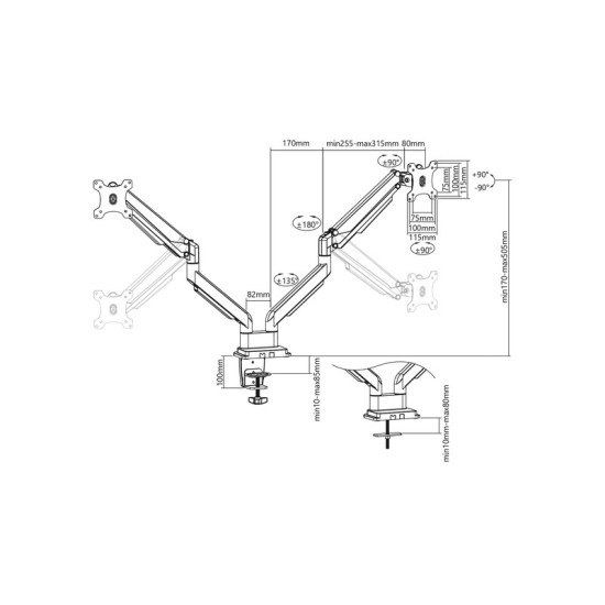 Ramię biurkowe podwójne z zaciskiem regulowane 2xLCD max. 32