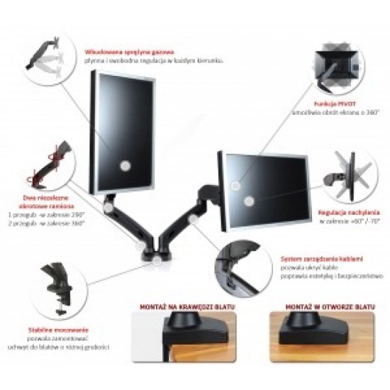 Uchwyt biurkowy na sprężynie gazowej do 2 monitorów LED/LCD 13-27