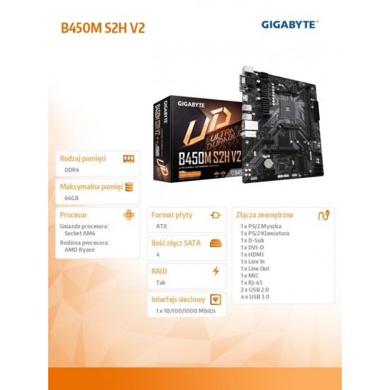 Płyta główna B450M S2H V2 AM4 2DDR4 HDMI/DVI/VGA M.2 uATX 