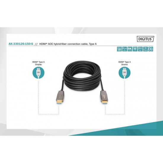Kabel połączeniowy hybrydowy AOC HDMI 2.1 Ultra High Speed 8K/60Hz UHD HDMI A/HDMI A M/M 15m Czarny