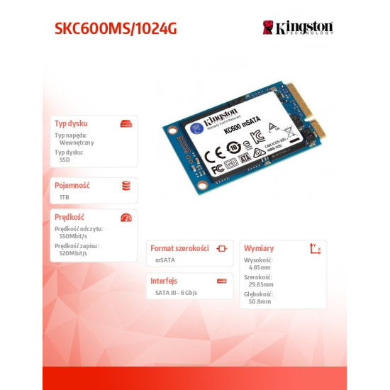 Dysk SSD SKC600 1024GB mSATA 550/520 MB/s