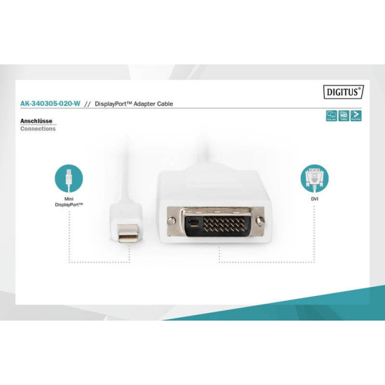 Kabel adapter Displayport 1080p 60Hz FHD Typ miniDP/DVI-D (24+1) M/M biały 2m