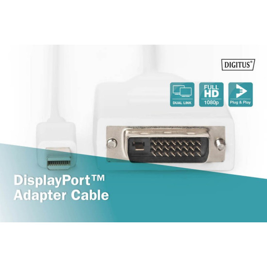 Kabel adapter Displayport 1080p 60Hz FHD Typ miniDP/DVI-D (24+1) M/M biały 2m