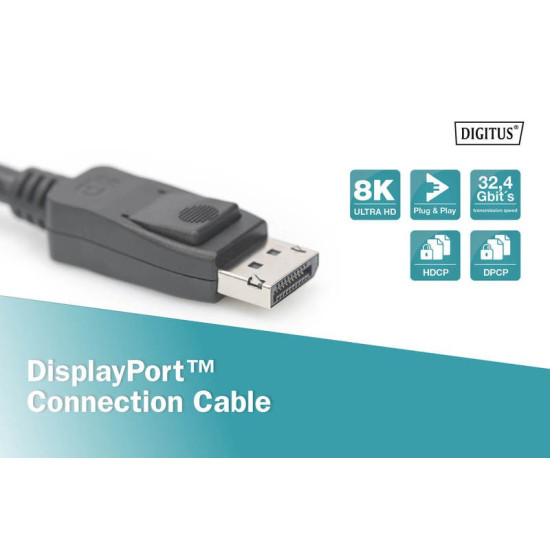 Kabel połączeniowy DisplayPort z zatrzaskami 8K 30Hz UHD Typ DP/DP M/M czarny 2m