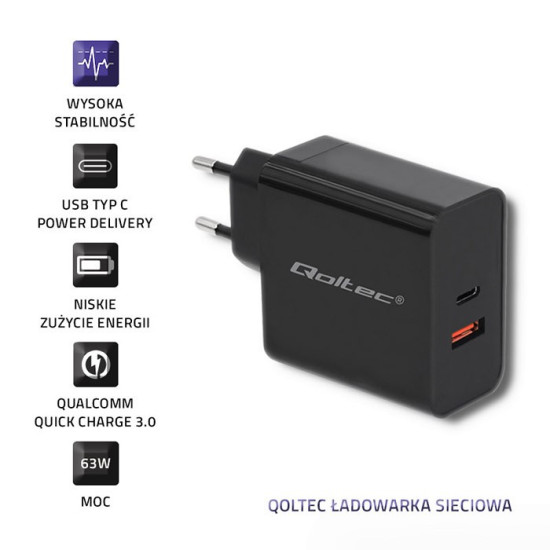 Ładowarka sieciowa | 63W | 5-20V | 1.5-3A | USB typ C PD |       USB QC 3.0 | Czarna 