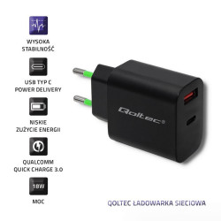 Ładowarka sieciowa | 18W | 5-12V | 1.5-3A | USB typ C PD |       USB QC 3.0 | Czarna 