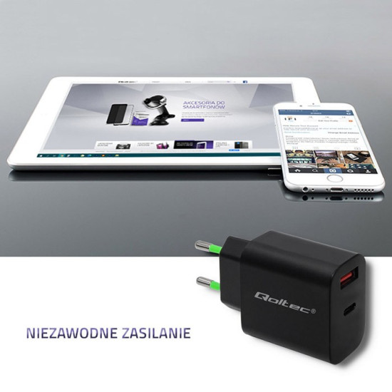 Ładowarka sieciowa | 18W | 5-12V | 1.5-3A | USB typ C PD |       USB QC 3.0 | Czarna 