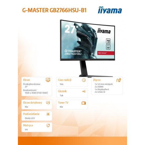 Monitor 27 cali GB2766HSU-B1 VA,165HZ,1500R,1MS,DP,HDMIx2,USB,FreeSyn 
