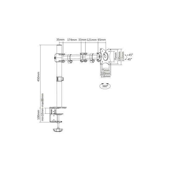 Stojak biurkowy pojedycz z zaciskiem, 1xLCD, max. 27, max. 8kg, uchylno-obrotowy 360 (PIVOT)