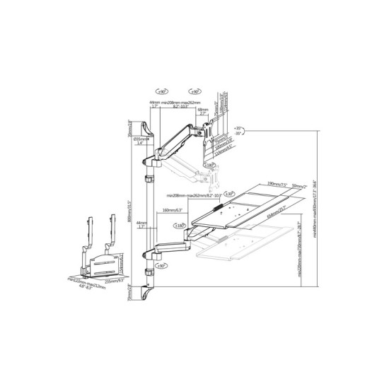 Ramię naścienne pojedyńcze, 1xLCD + klawiatura, max. 32 cale 