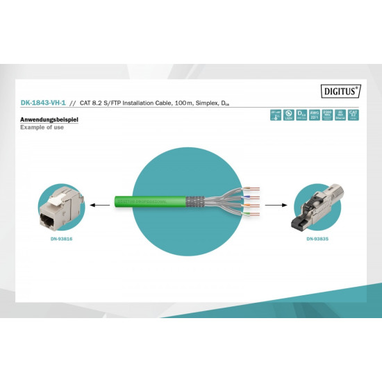 Kabel teleinformatyczny instalacyjny kat.8.2, S/FTP, Dca, AWG 22/1, LSOH, 100m, Zielony