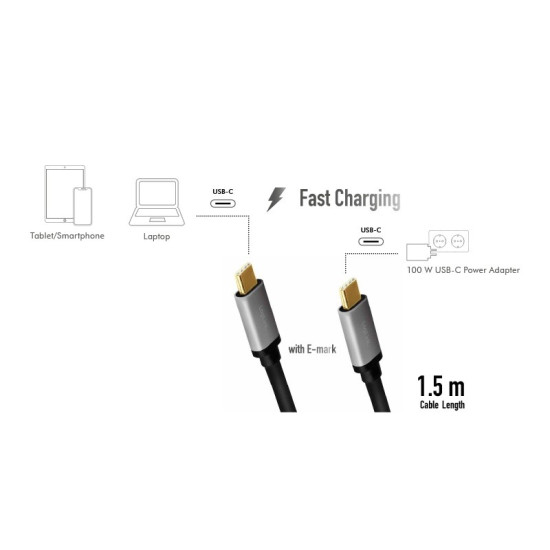 Kabel USB-C M/M, PD, aluminiowy 1.5m 