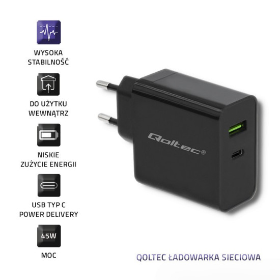 Ładowarka sieciowa | 42W | 5-20V | 2.25-3A | USB typ C PD | USB | Czarna 