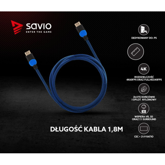 Kabel HDMI 2.0 dedykowany do Playstation niebiesko-czarny 1,8m, GCL-02