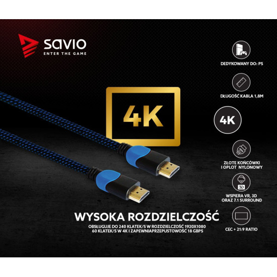 Kabel HDMI 2.0 dedykowany do Playstation niebiesko-czarny 1,8m, GCL-02