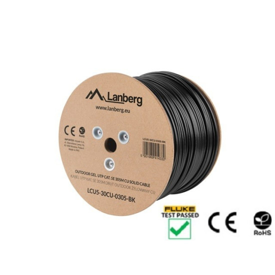 KABEL LAN UTP KAT-5E 305M DRUT OUTDOOR ŻELOWANY CU CZARNY FLUKE PASSED LANBERG