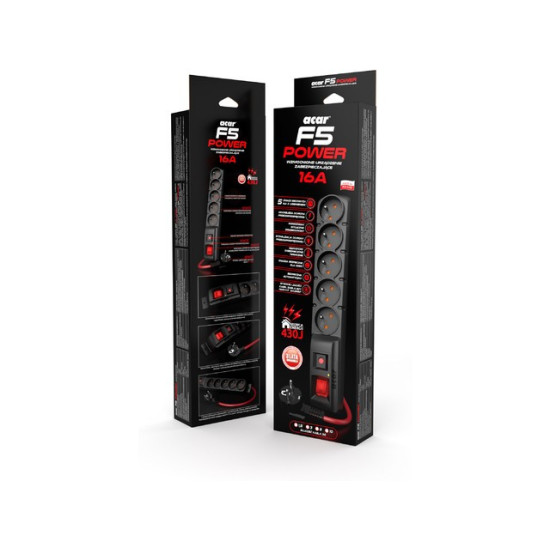 Listwa zasilająca F5 Power 1.5m 16A (5 gniazd) Czarna