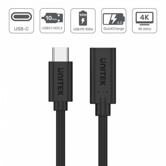 Przedłużacz USB-C 3.1 GEN 2; 4K; PD 100W; 0,5m; M/F; C14086BK 