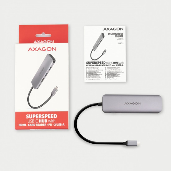 HMC-5 Wieloportowy hub 2x USB-A, HDMI, SD/microSD, USB 3.2 Gen 1, PD 100W, 20cm USB-C kabel