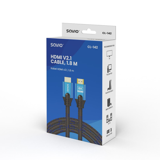 Kabel HDMI (M) v2.1, 1,8m, 8K, miedź, niebiesko-czarny, złote końcówki, ethernet/3D, CL-142
