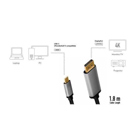 Kabel USB-C do DP, 4K 60Hz aluminiowy 1.8m 