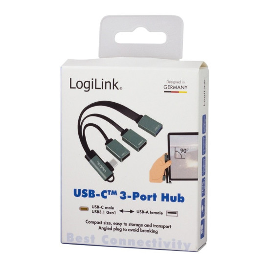 Hub USB 3.2, USB-C/M 90, do 3xUSB-A/F, 0.15m 