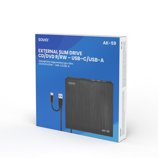Zewnętrzna nagrywarka typu Slim CD/DVD R/RW, USB-C/USB-A, AK-59 