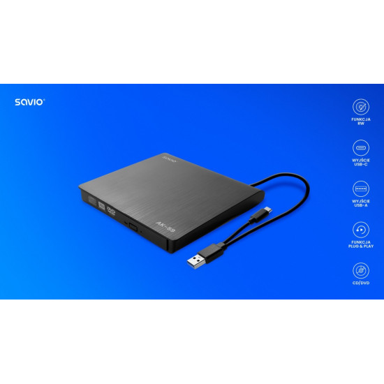 Zewnętrzna nagrywarka typu Slim CD/DVD R/RW, USB-C/USB-A, AK-59 