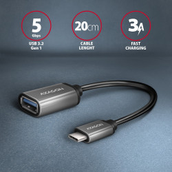 Kabel adapter RUCM-AFAC USB 3.2 Gen 1 Type-C samiec -> Type-A żeńska, 0,2m, 3A, ALU