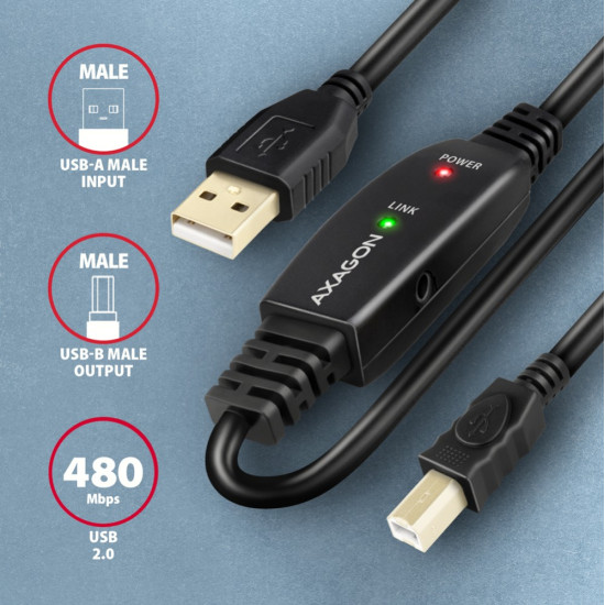 Kabel ADR-210B USB 2.0 A-M -> B-M Aktywny kabel połączeniowy/wzmacniacz 10m