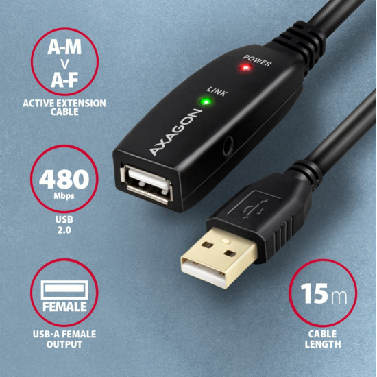 Kabel ADR-215 USB 2.0 A-M -> A-F aktywny kabel przedłużacz/wzmacniacz 15m