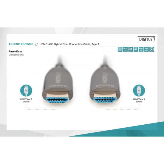 Kabel połączeniowy hybrydowy AOC HDMI 2.1 Ultra High Speed 8K/60Hz UHD HDMI A/HDMI A M/M 15m Czarny