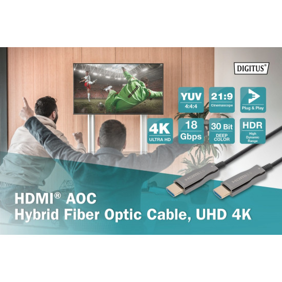 Kabel połączeniowy hybrydowy AOC HDMI 2.0 Premium HighSpeed 4K/60Hz UHD HDMI A/HDMI A M/M czarny 10m