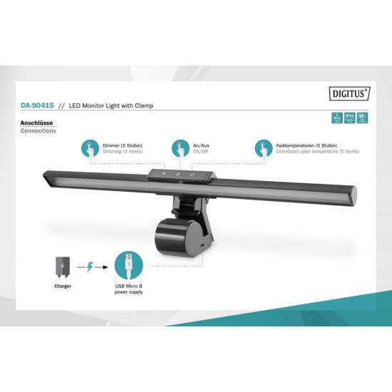 Lampka LED do monitora z mocowaniem zaciskowym, 5W, 250lm Czarna