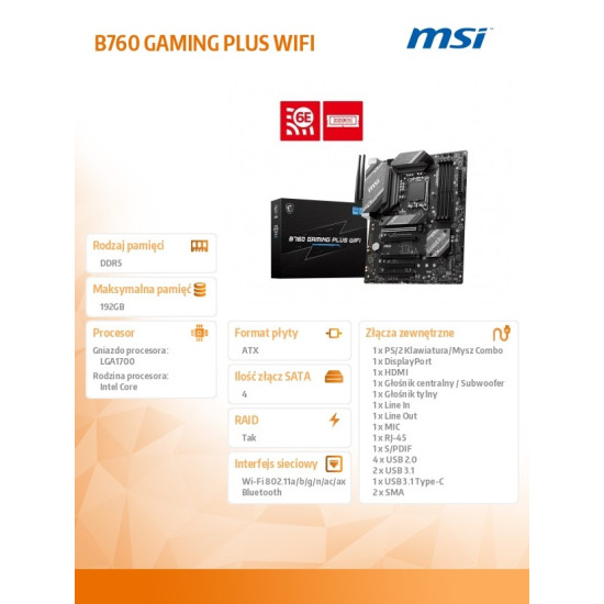 Płyta główna B760 GAMING PLUS WIFI s1700 4DDR5 DP/HDMI ATX 