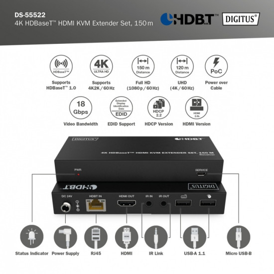 Przedłużacz/Extender HDMI 4K 60Hz 150m po skrętce Cat.6A/7/8 HDBaseT HDCP2.2 IR EDID PoC, zestaw 