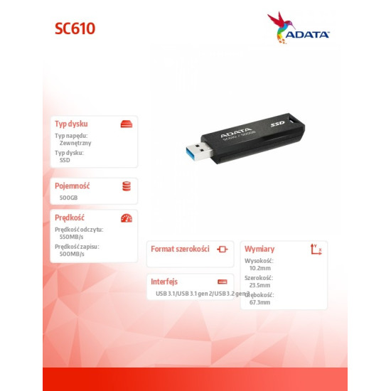 Dysk SSD zewnętrzny SC610 500G USB3.2A Gen2 czarny