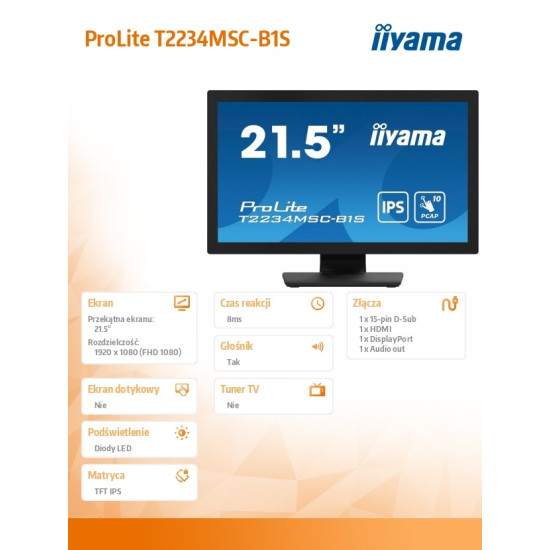 Monitor ProLite  21.5 cala T2234MSC-B1S IPS,10PKT.VGA,HDMI,DP 