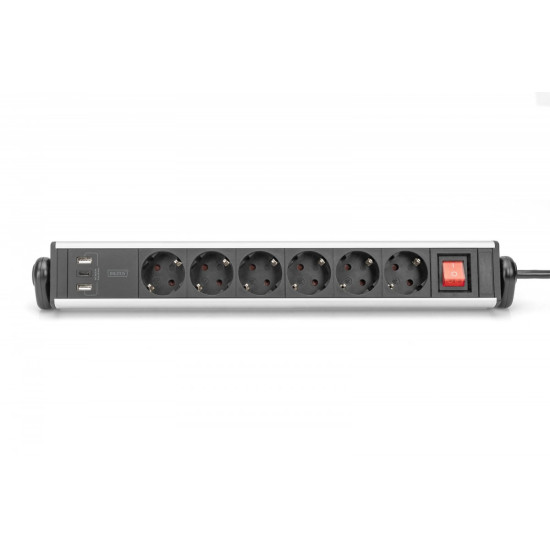 Listwa zasilająca biurowa 45° 6 gniazd, 2xUSB-A 1xUSB-C (5V/3,4A) możliwość obrotu o 180°, aluminiowa, z zaciskiem na blat