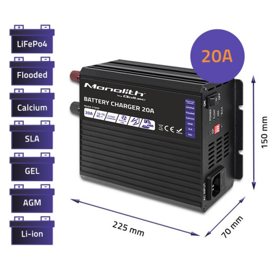 Inteligentna ładowarka Monolith do akumulatorów LiFePO4 AGM GEL  SLA | 20A | 12V 