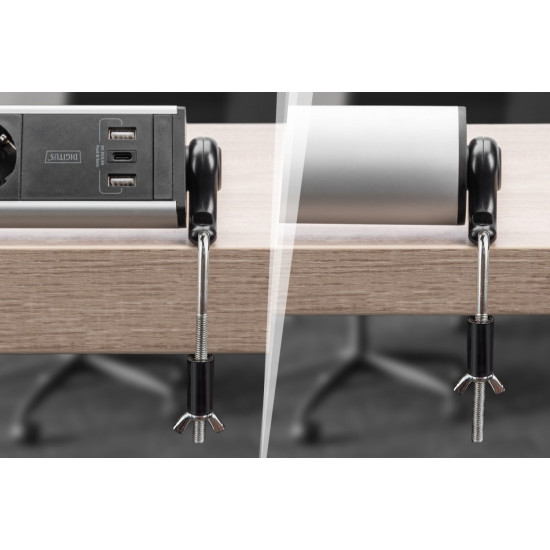 Listwa zasilająca biurowa 45° 6 gniazd, 2xUSB-A 1xUSB-C (5V/3,4A) możliwość obrotu o 180°, aluminiowa, z zaciskiem na blat