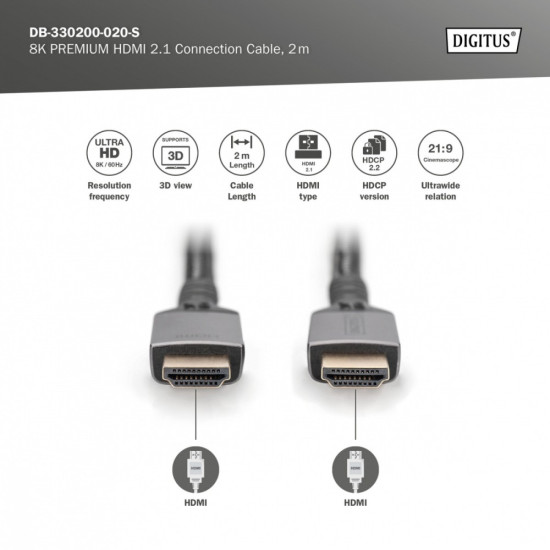 Kabel Premium połączeniowy HDMI 2.1 Ultra HighSpeed 8K60Hz UHD Typ HDMI A/A M/M 2m Czarny 